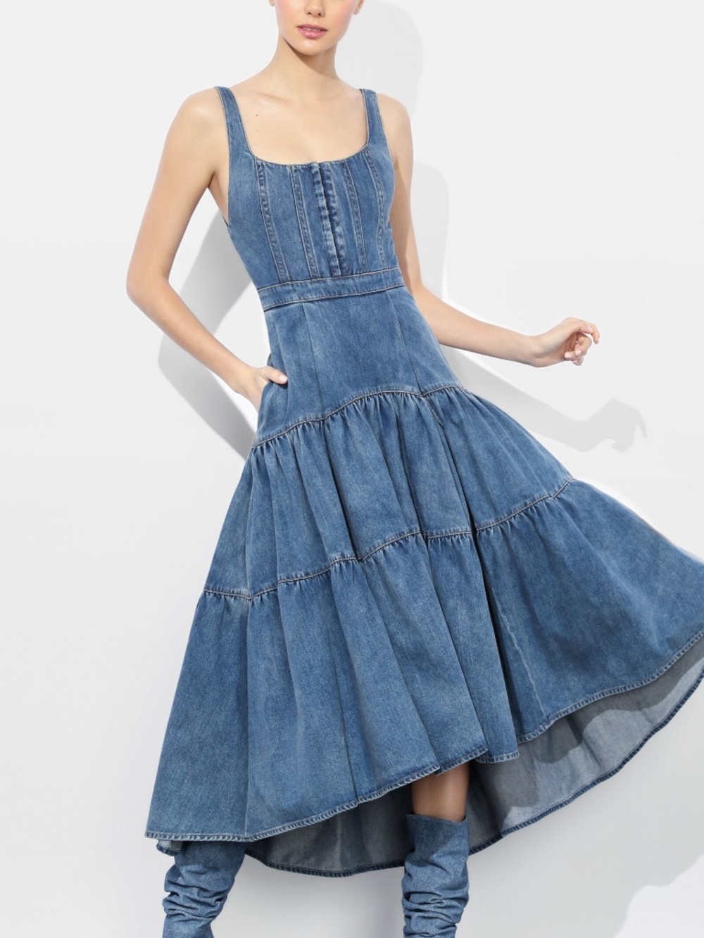 Alice + Olivia Diana Denim Structured Tiered High Low Maxi Dress Corset - Size 2